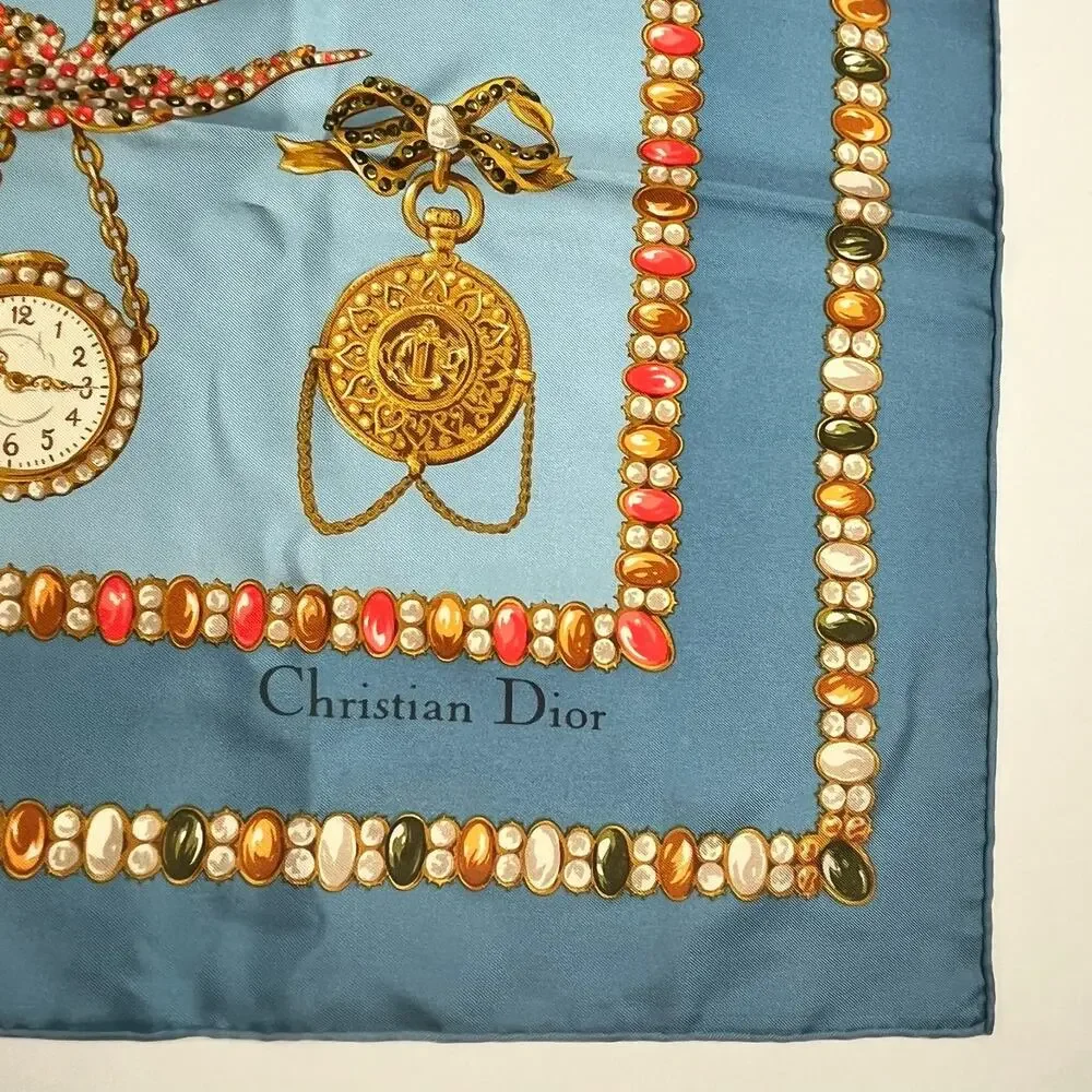 Christian Dior Silk Scarf Jewel & Watch Charm Pattern Blue 34.5